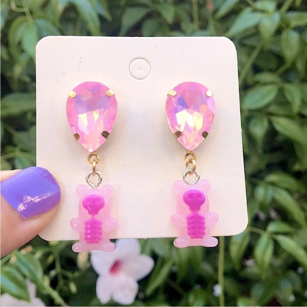 Pink Opal Aurora Borealis Crystal + Skeleton Gummy Bear Halloween Drop Earrings